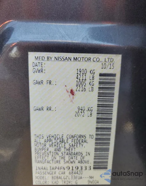 2015 Nissan Altima 2.5 from USA, damaged, VIN 1N4AL3AP4FN919333